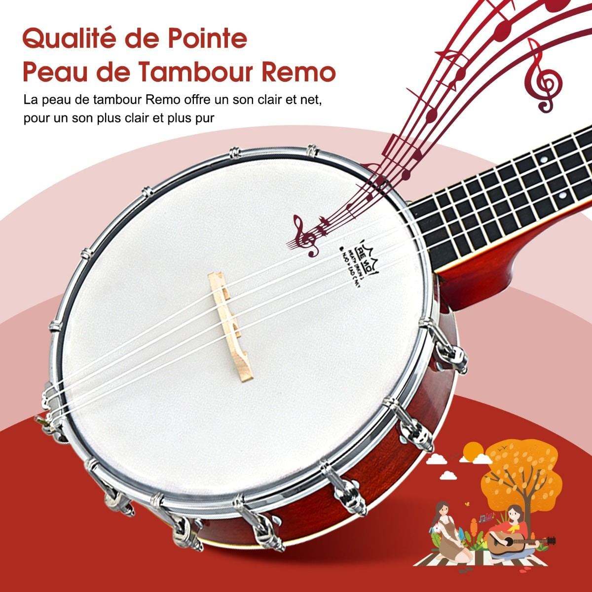 Banjo 4 Cordes 24 Pouces Avec Remo Peau Avec Sac De Transport Pour Enfants&Adultes Débutant En Bois 62 X 21 X 7,5 CM