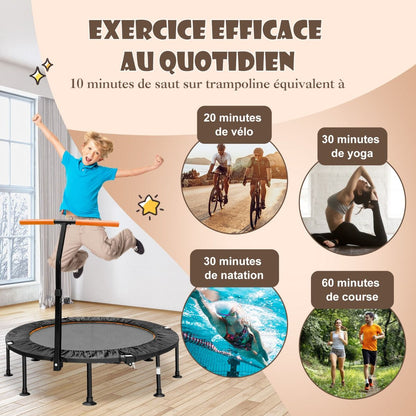 Mini Trampoline D'Intérieur Pliable Ø110Cm Avec Poignée Réglable En Hauteur Trampoline De Fitnesss Avec Tapis De Saut En PP Charge 100Kg Orange/Vert