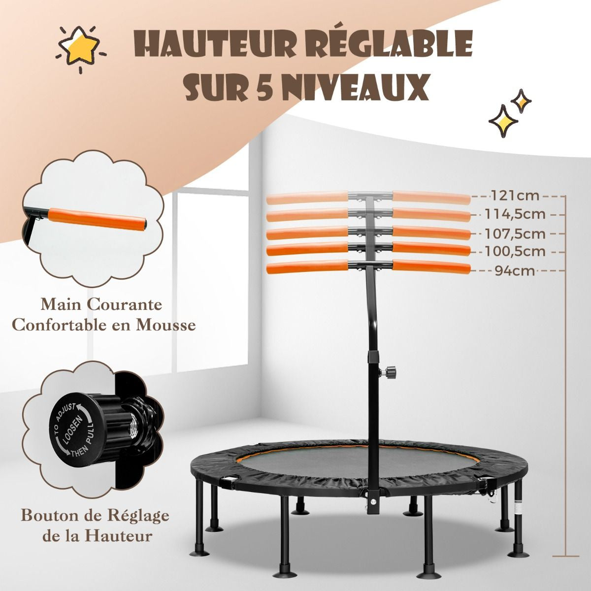 Mini Trampoline D'Intérieur Pliable Ø110Cm Avec Poignée Réglable En Hauteur Trampoline De Fitnesss Avec Tapis De Saut En PP Charge 100Kg Orange/Vert