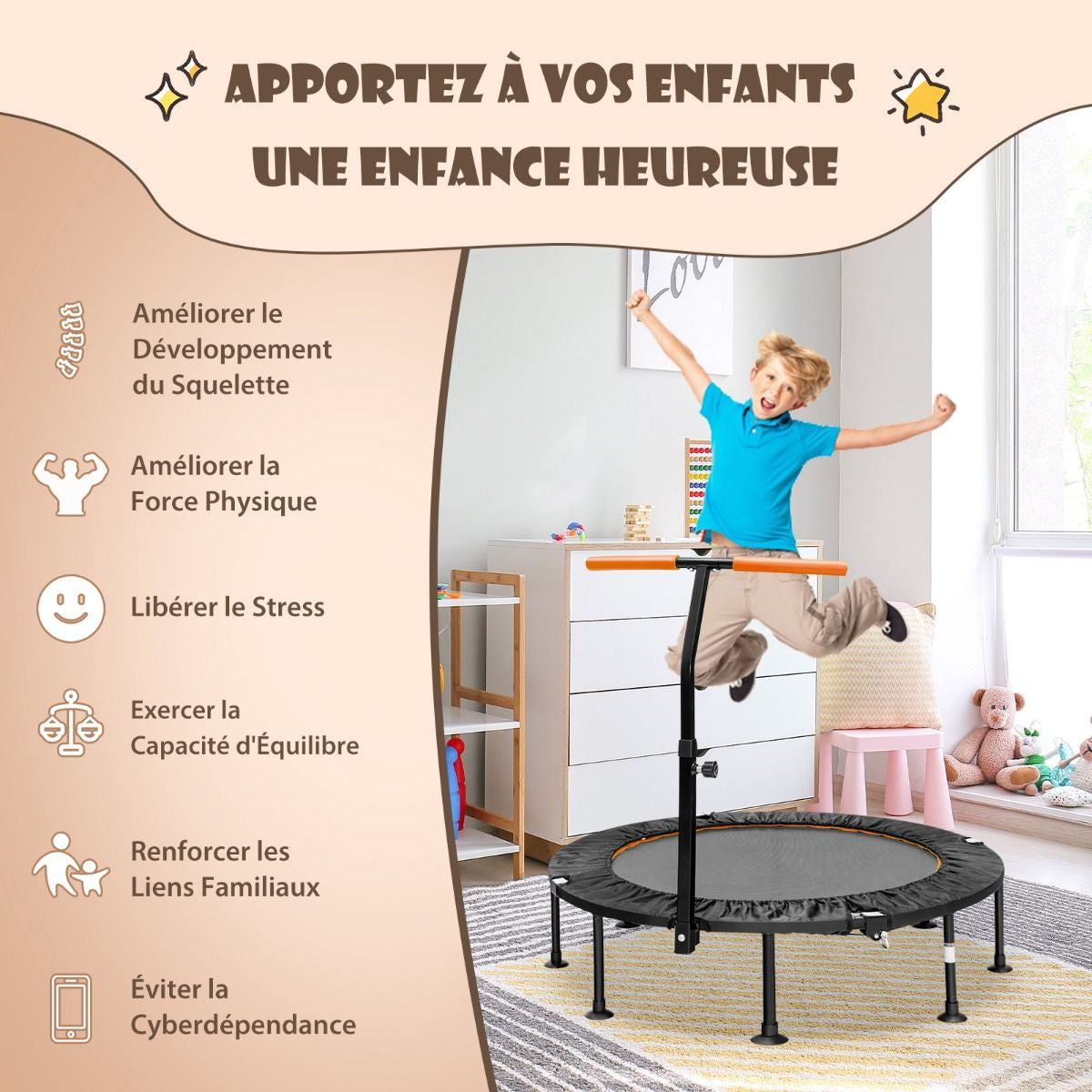 Mini Trampoline D'Intérieur Pliable Ø110Cm Avec Poignée Réglable En Hauteur Trampoline De Fitnesss Avec Tapis De Saut En PP Charge 100Kg Orange/Vert