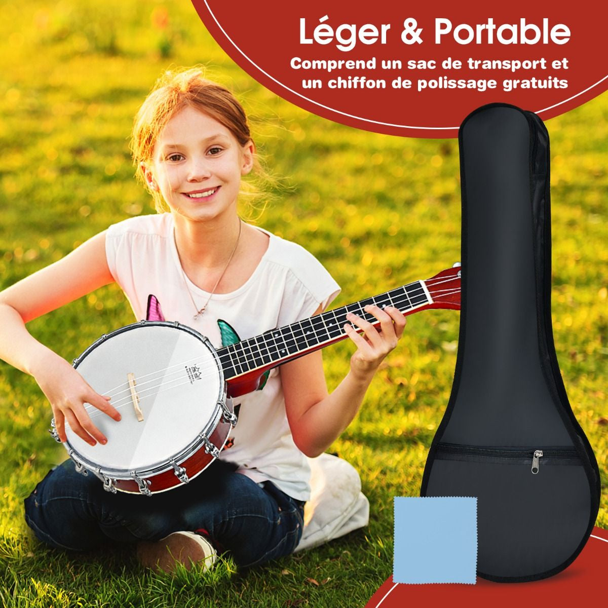 Banjo 4 Cordes 24 Pouces Avec Remo Peau Avec Sac De Transport Pour Enfants&Adultes Débutant En Bois 62 X 21 X 7,5 CM