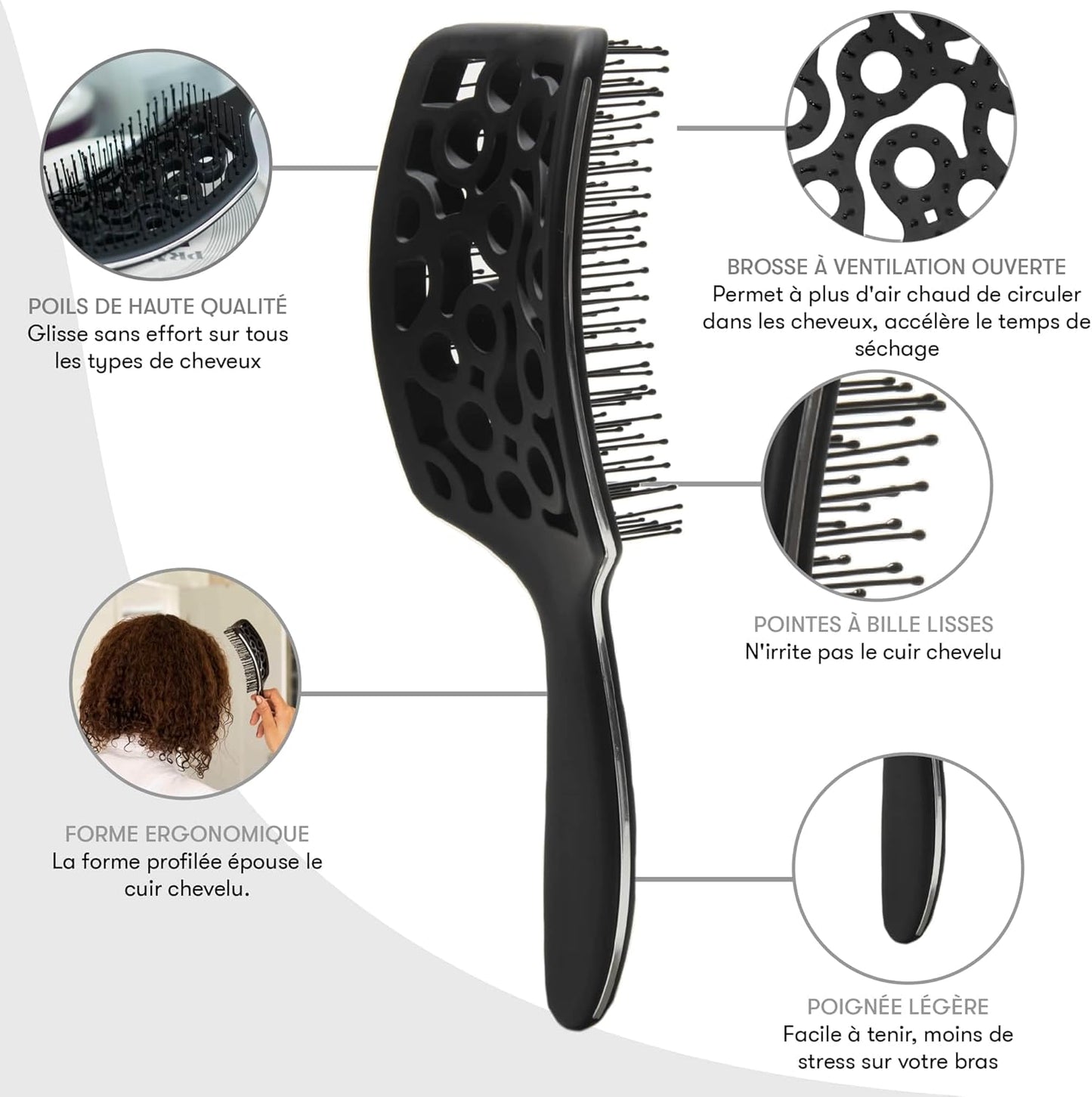 Brosse Demelante Cheveux Bouclés - Brosse Cheveux Bouclés, Brosse a Cheveux Demelante, Brosse Cheveux Demelante, Brosse Flexible Ventilée, Brosse Brushing Professionnel, Brosse a Brushing, Noir