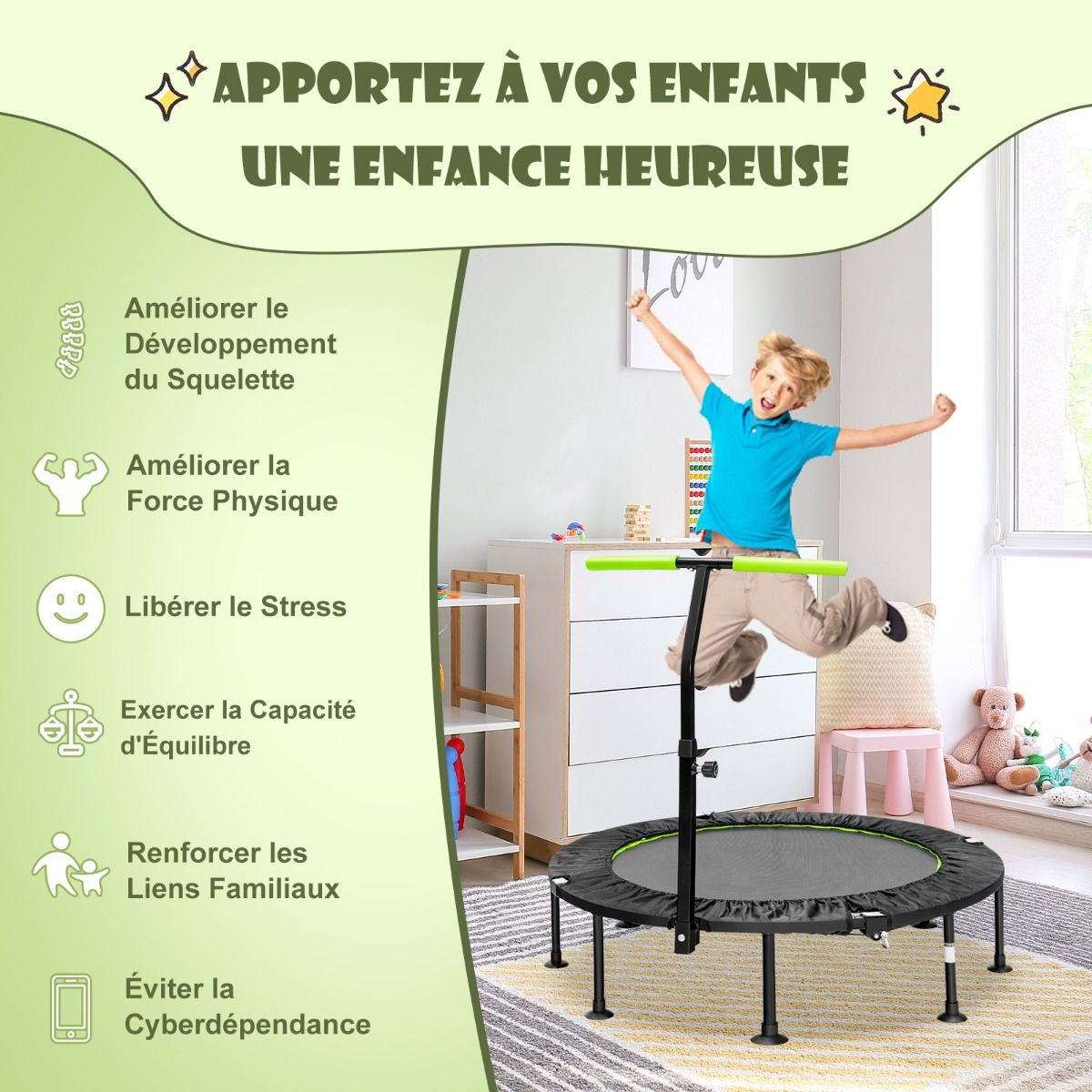 Mini Trampoline D'Intérieur Pliable Ø110Cm Avec Poignée Réglable En Hauteur Trampoline De Fitnesss Avec Tapis De Saut En PP Charge 100Kg Orange/Vert