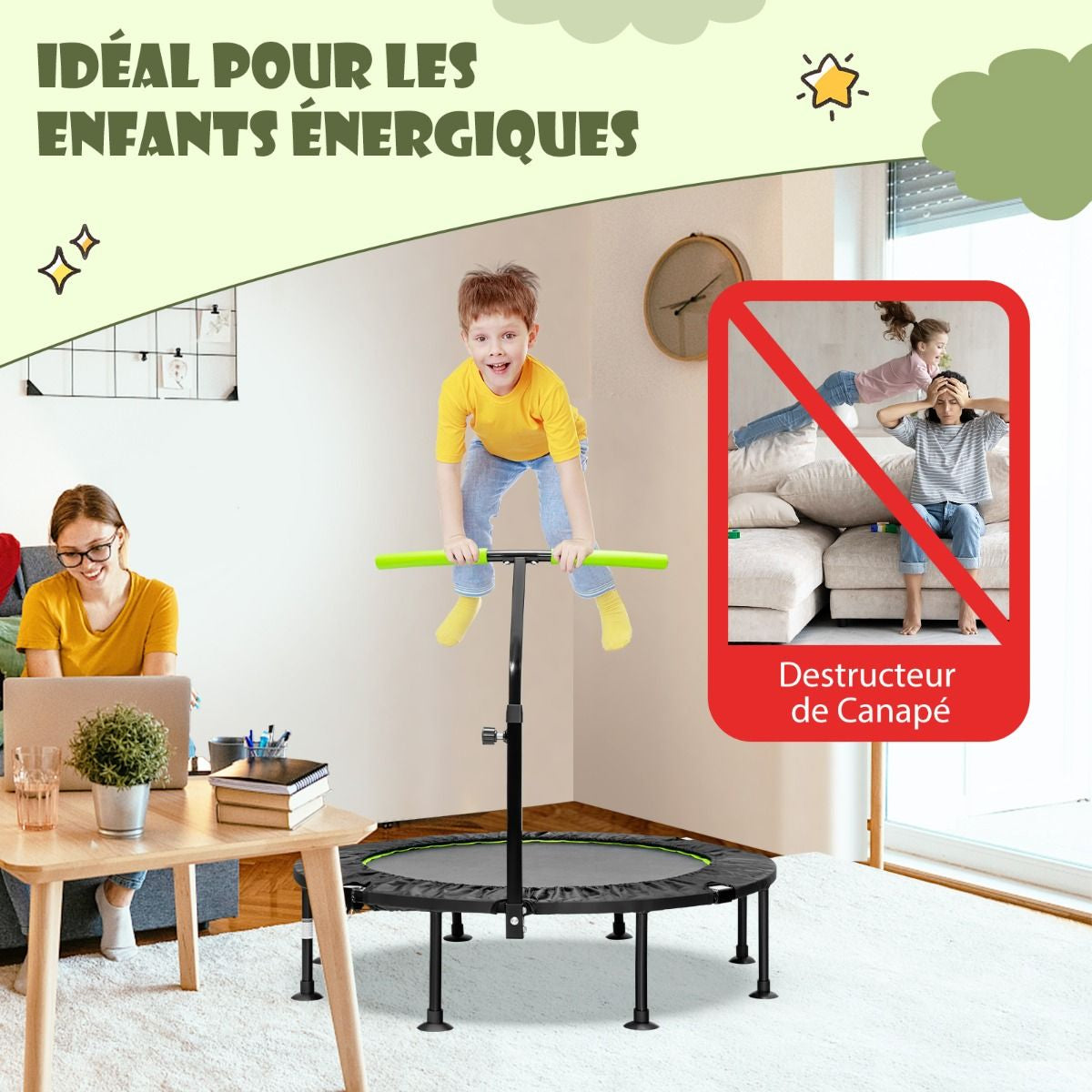 Mini Trampoline D'Intérieur Pliable Ø110Cm Avec Poignée Réglable En Hauteur Trampoline De Fitnesss Avec Tapis De Saut En PP Charge 100Kg Orange/Vert