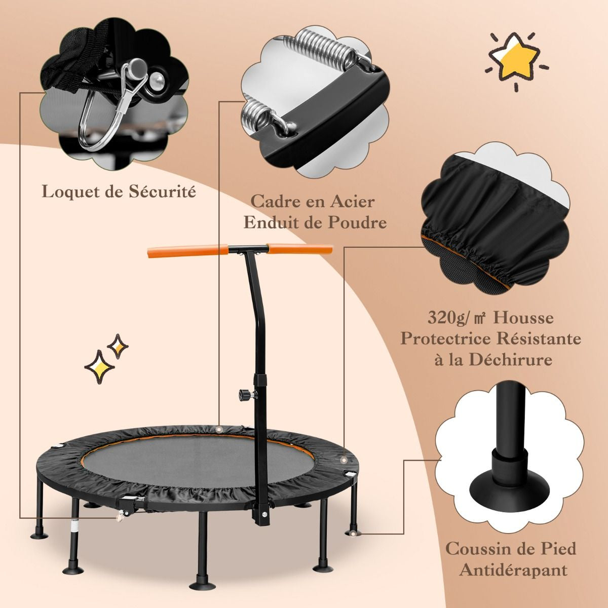 Mini Trampoline D'Intérieur Pliable Ø110Cm Avec Poignée Réglable En Hauteur Trampoline De Fitnesss Avec Tapis De Saut En PP Charge 100Kg Orange/Vert