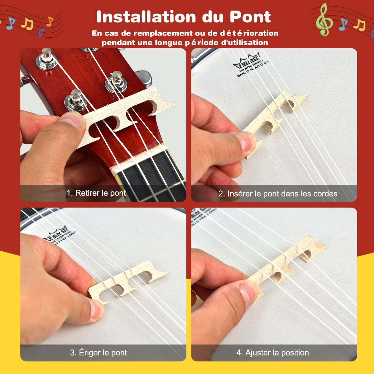 Banjo 4 Cordes 24 Pouces Avec Remo Peau Avec Sac De Transport Pour Enfants&Adultes Débutant En Bois 62 X 21 X 7,5 CM