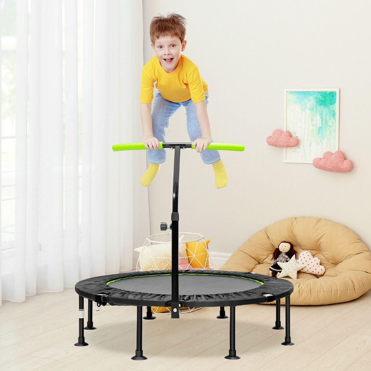 Mini Trampoline D'Intérieur Pliable Ø110Cm Avec Poignée Réglable En Hauteur Trampoline De Fitnesss Avec Tapis De Saut En PP Charge 100Kg Orange/Vert