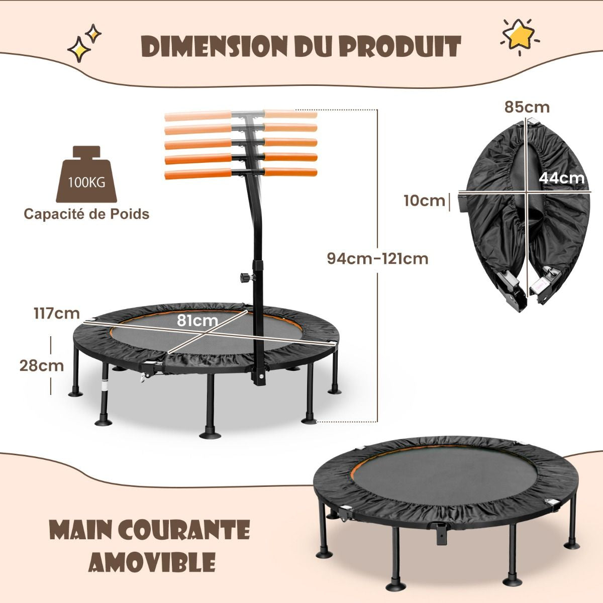 Mini Trampoline D'Intérieur Pliable Ø110Cm Avec Poignée Réglable En Hauteur Trampoline De Fitnesss Avec Tapis De Saut En PP Charge 100Kg Orange/Vert