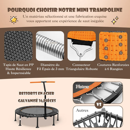 Mini Trampoline D'Intérieur Pliable Ø110Cm Avec Poignée Réglable En Hauteur Trampoline De Fitnesss Avec Tapis De Saut En PP Charge 100Kg Orange/Vert