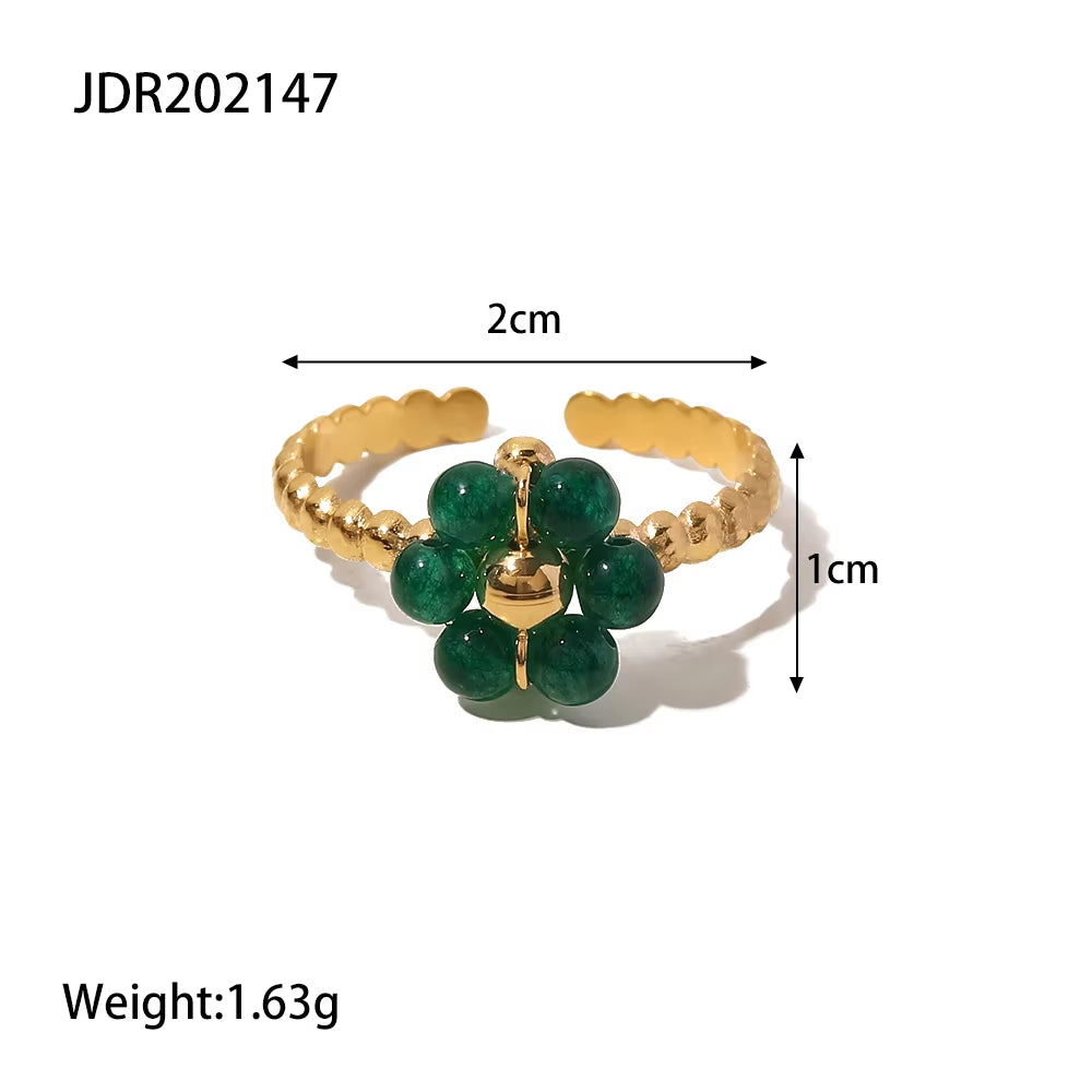 Uworld Vintage 18K Gold Malachite Statement Open Ring Waterproof 18K PVD Gold Plated Stainless Steel Bague Femme Acier Inoxydabl