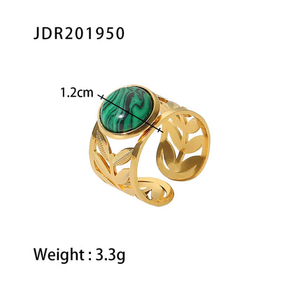 Uworld Vintage 18K Gold Malachite Statement Open Ring Waterproof 18K PVD Gold Plated Stainless Steel Bague Femme Acier Inoxydabl