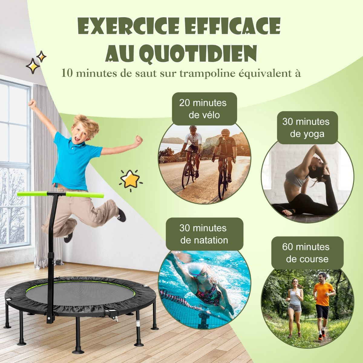 Mini Trampoline D'Intérieur Pliable Ø110Cm Avec Poignée Réglable En Hauteur Trampoline De Fitnesss Avec Tapis De Saut En PP Charge 100Kg Orange/Vert