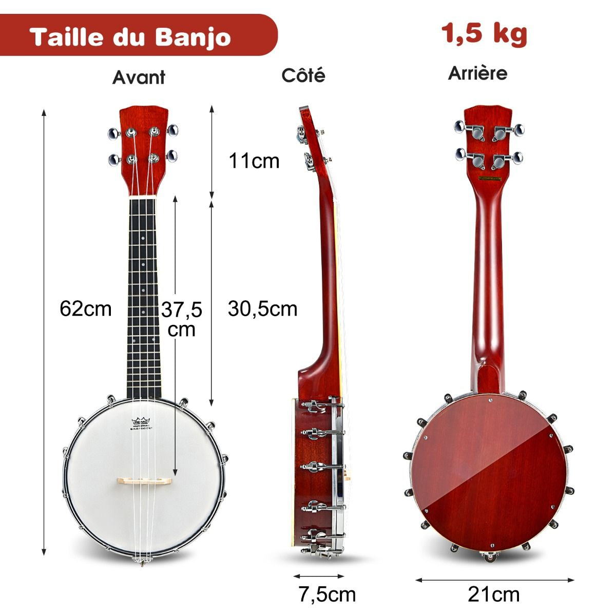 Banjo 4 Cordes 24 Pouces Avec Remo Peau Avec Sac De Transport Pour Enfants&Adultes Débutant En Bois 62 X 21 X 7,5 CM