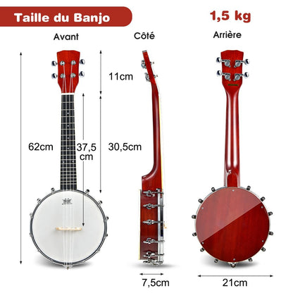 Banjo 4 Cordes 24 Pouces Avec Remo Peau Avec Sac De Transport Pour Enfants&Adultes Débutant En Bois 62 X 21 X 7,5 CM