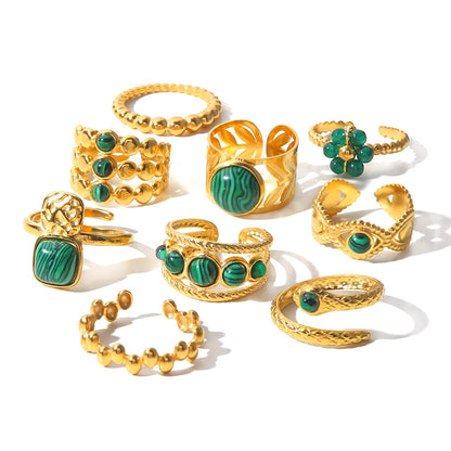 Uworld Vintage 18K Gold Malachite Statement Open Ring Waterproof 18K PVD Gold Plated Stainless Steel Bague Femme Acier Inoxydabl