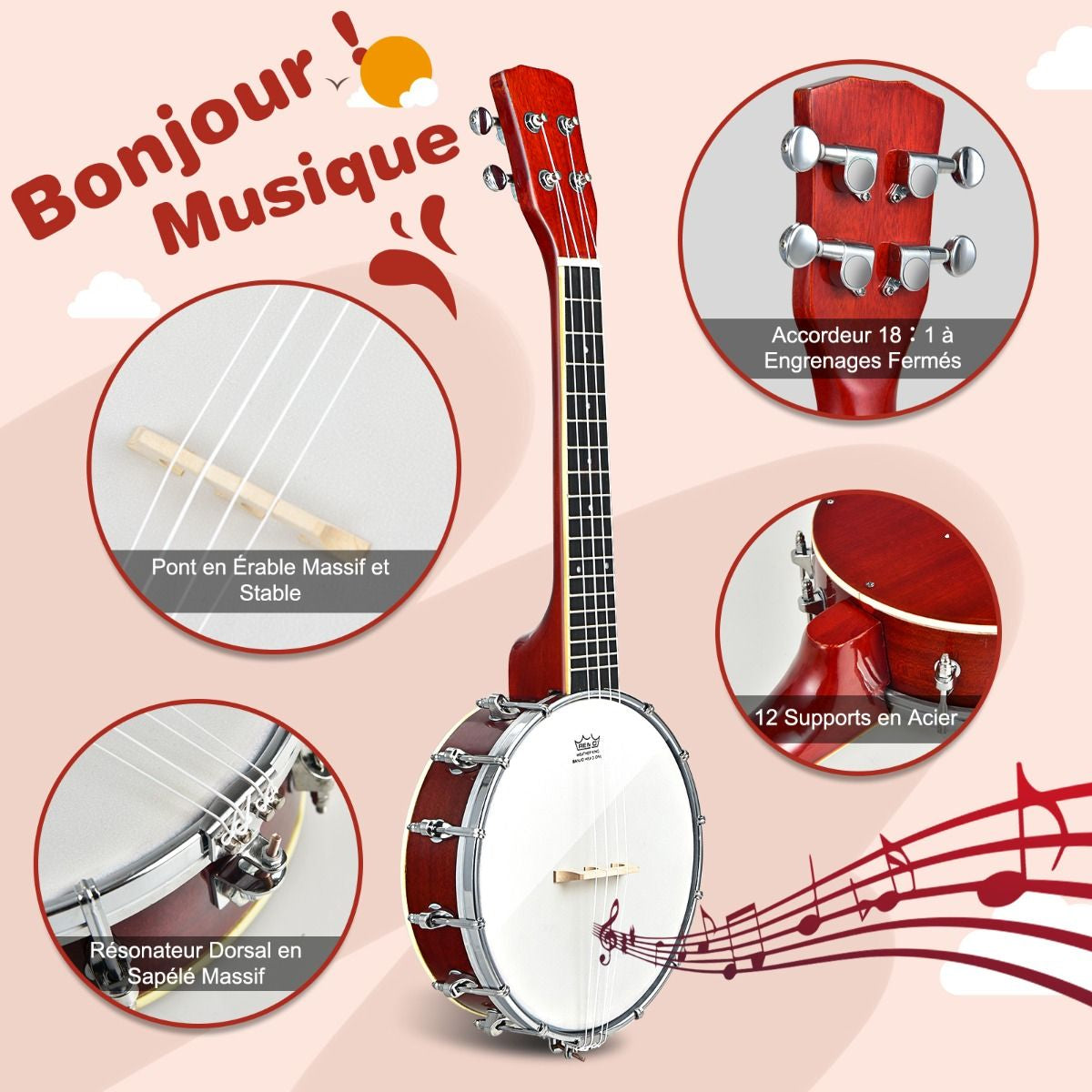 Banjo 4 Cordes 24 Pouces Avec Remo Peau Avec Sac De Transport Pour Enfants&Adultes Débutant En Bois 62 X 21 X 7,5 CM