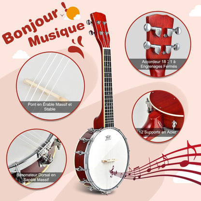 Banjo 4 Cordes 24 Pouces Avec Remo Peau Avec Sac De Transport Pour Enfants&Adultes Débutant En Bois 62 X 21 X 7,5 CM
